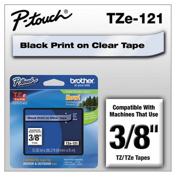 Brother TZE-121 Labeling Tape, 3/8w, Black on Clear
