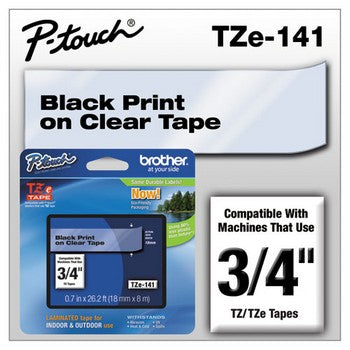 Brother TZE-141 Labeling Tape, 3/4w, Black on Clear