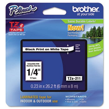 Brother TZE-211 Labeling Tape, 1/4w, Black on White