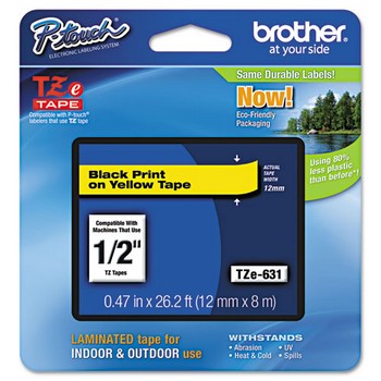 Brother TZE-631 Labeling Tape, 1/2w, Black on Yellow