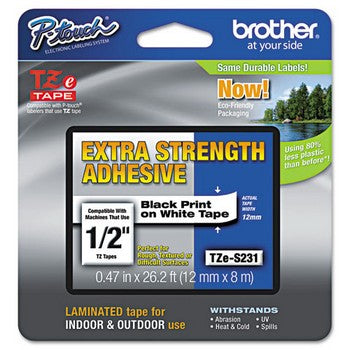 Brother TZE-S231 Extra-Strength Labeling Tape, 1/2w, Black on White