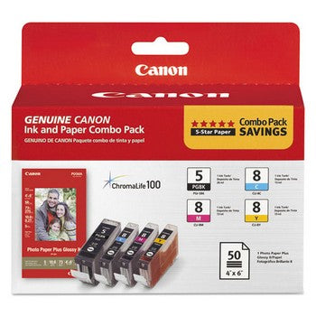 Canon PGI-5 Black/ CLI-8 Cyan, Magenta, Yellow and Paper (Combo Pack) Ink Cartridge, Canon 0628B027