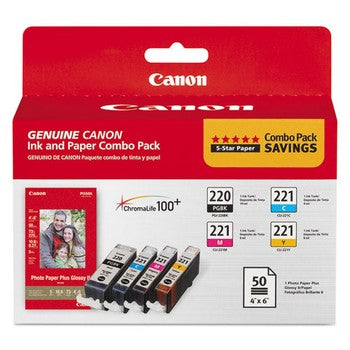 Canon PGI-220 / CLI-221 (Cyan, Magenta, Yellow) 4 x 6 inch, 50 Sheets, Combo Pack Ink Paper Combo Pack, Canon 2945B011