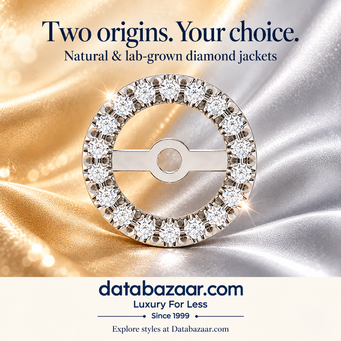 Diamond halo jacket on champagne and silver fabric, illustrating the choice of natural and lab-grown diamonds.
