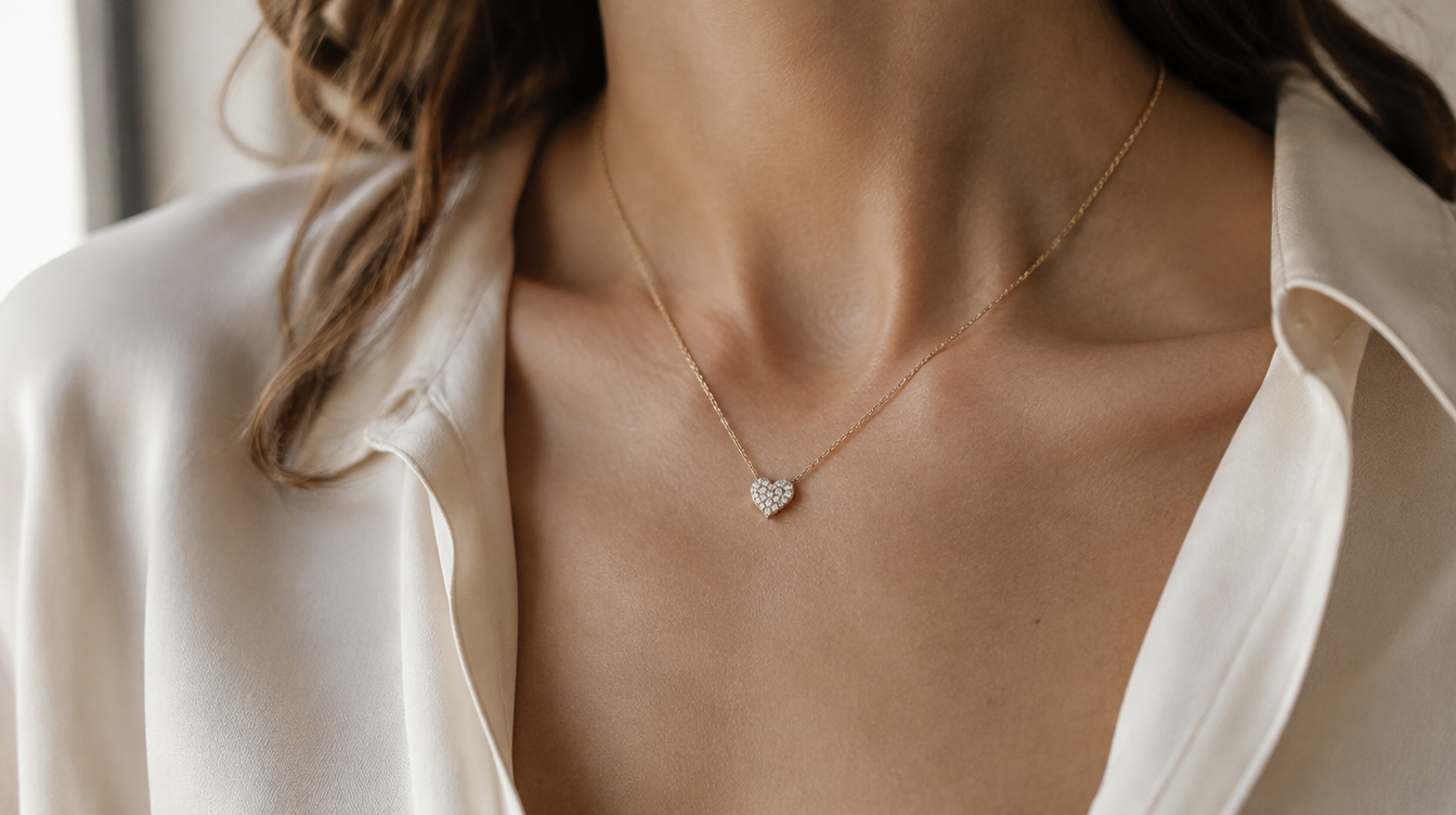 Diamond heart pendant on a fine gold chain resting below the collarbone