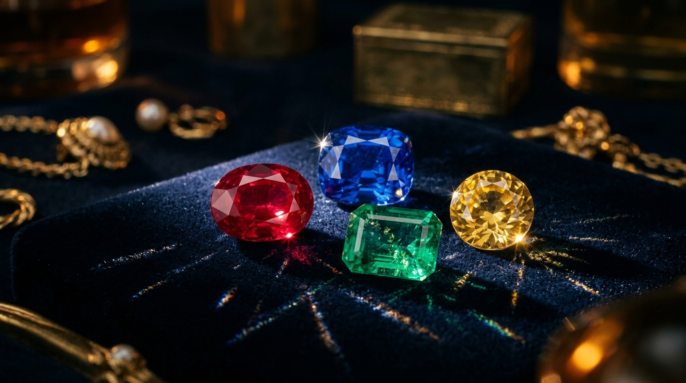 Certified natural astrological gemstones including ruby, blue sapphire, emerald and yellow sapphire