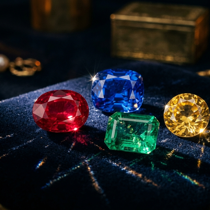 Certified natural astrological gemstones including ruby, blue sapphire, emerald and yellow sapphire