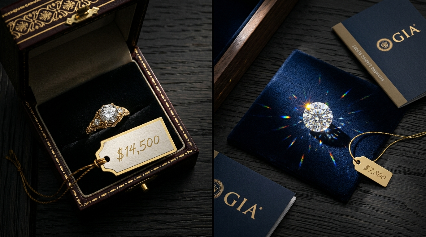 Pre-set jewelry ring with hidden markup vs certified loose gemstone on navy velvet — the smarter way to buy