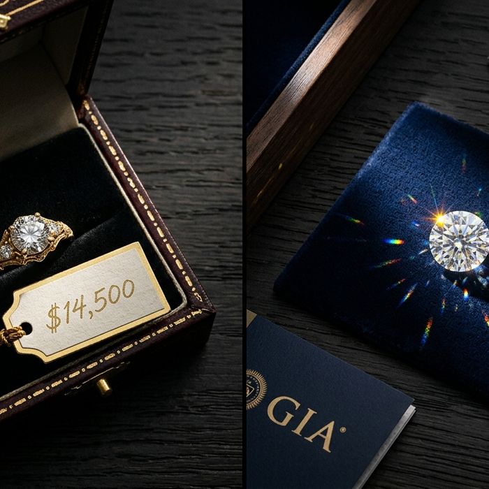 Pre-set jewelry ring with hidden markup vs certified loose gemstone on navy velvet — the smarter way to buy