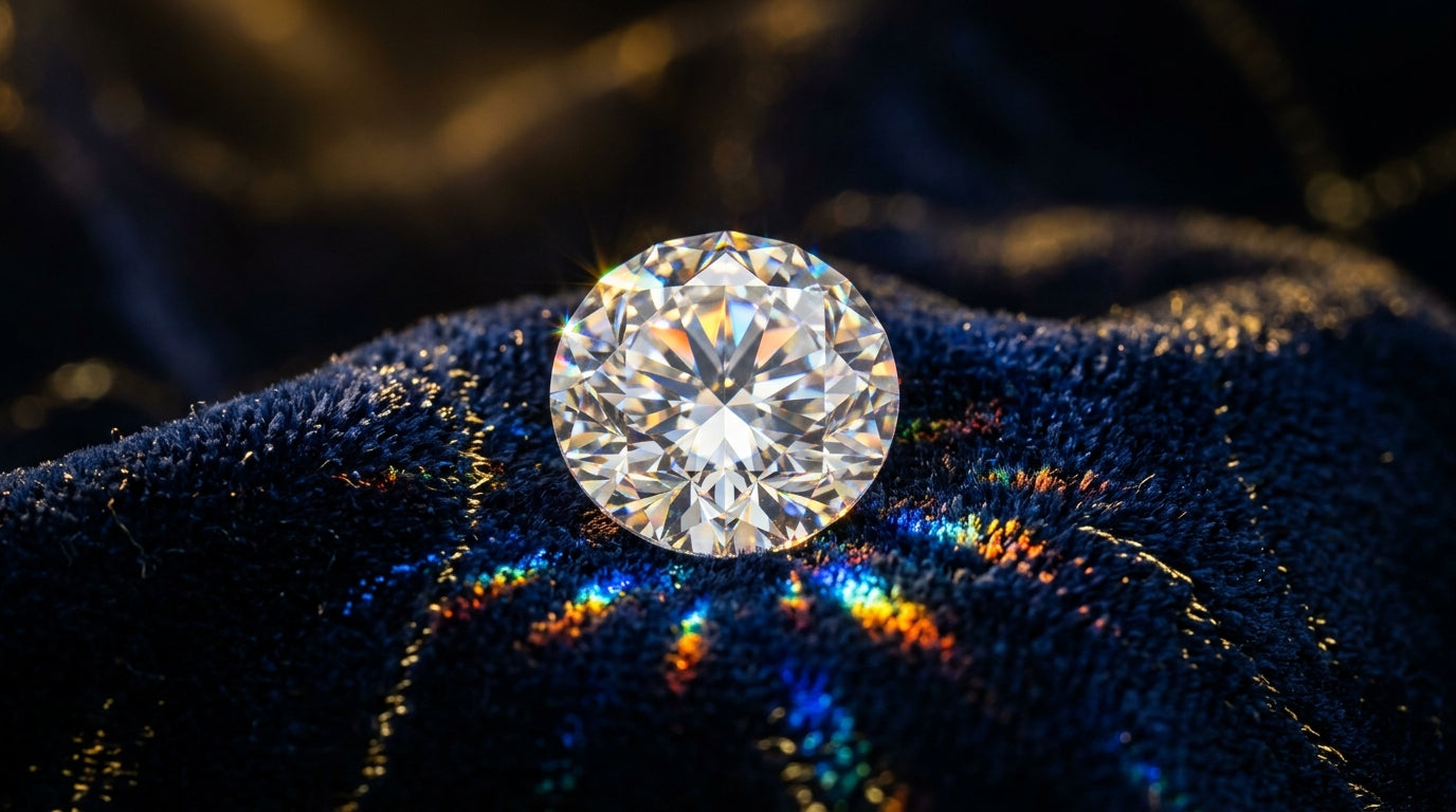 Loose diamond on dark navy velvet with dramatic light refraction — certified loose diamonds at Databazaar