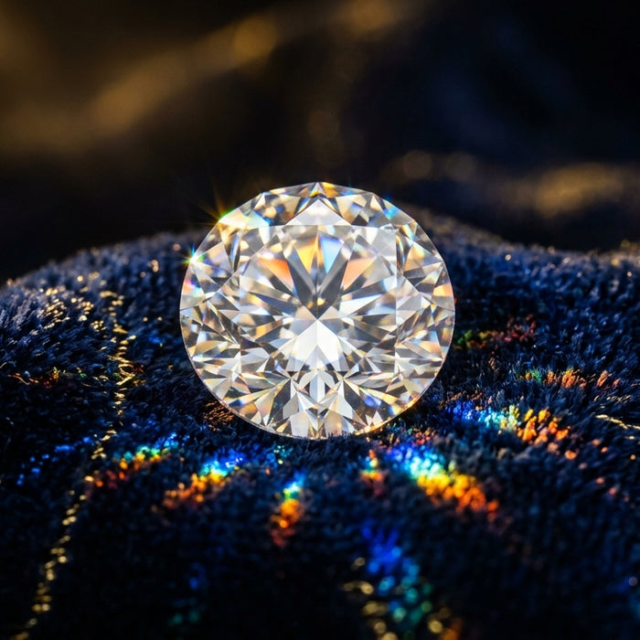 Loose diamond on dark navy velvet with dramatic light refraction — certified loose diamonds at Databazaar