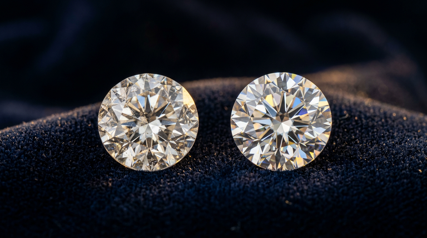 Natural and lab-grown gemstones side by side on dark navy velvet — certified loose gemstones at Databazaar