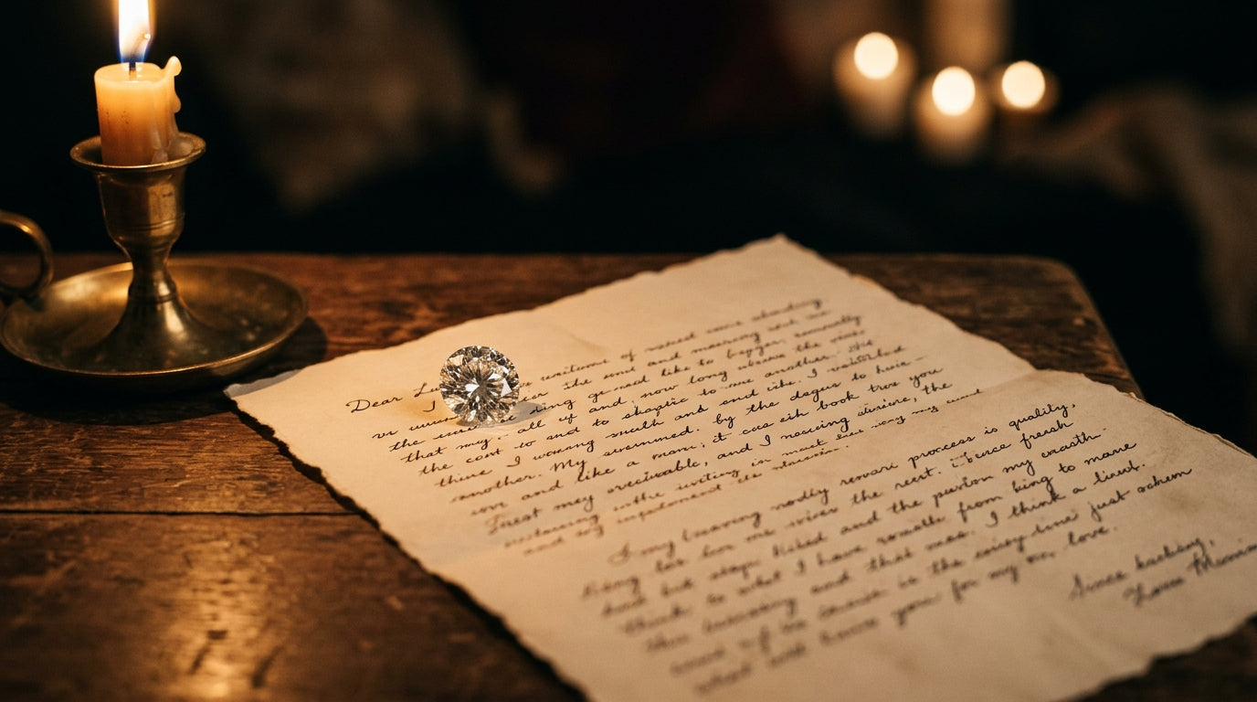Loose diamond resting on a handwritten love letter — custom jewelry with certified loose gemstones from Databazaar
