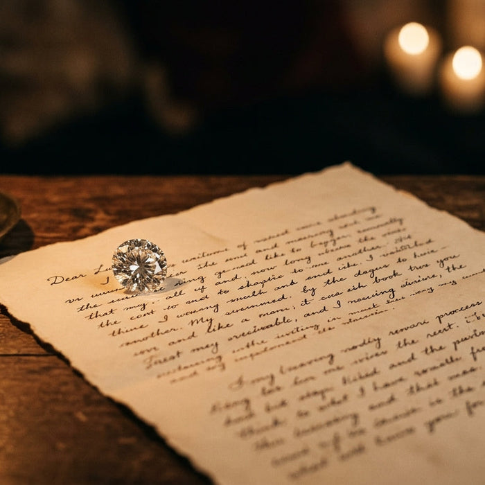 Loose diamond resting on a handwritten love letter — custom jewelry with certified loose gemstones from Databazaar