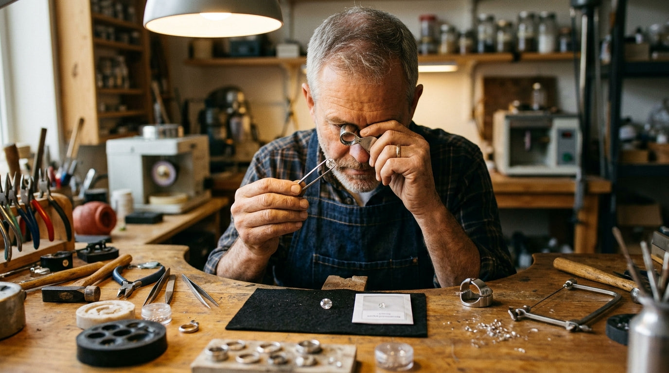 Local jeweler examining a certified loose gemstone with a loupe in an artisan workshop — Databazaar certified stones