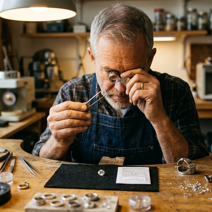 Local jeweler examining a certified loose gemstone with a loupe in an artisan workshop — Databazaar certified stones