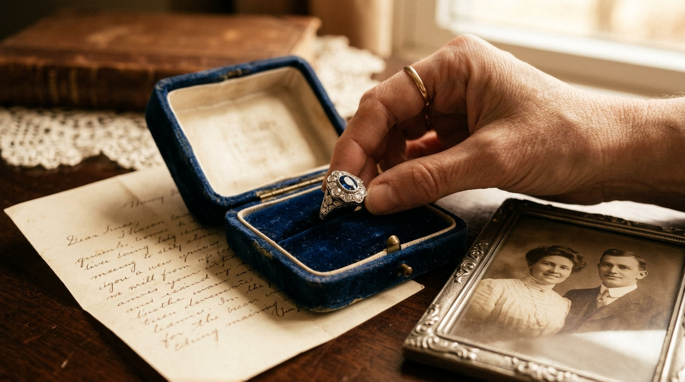 Antique gemstone ring placed in a velvet jewelry box alongside a family photograph — heirloom jewelry with Databazaar certified stones