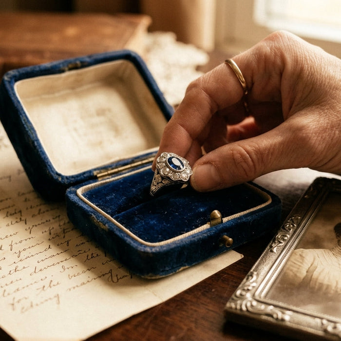 Antique gemstone ring placed in a velvet jewelry box alongside a family photograph — heirloom jewelry with Databazaar certified stones