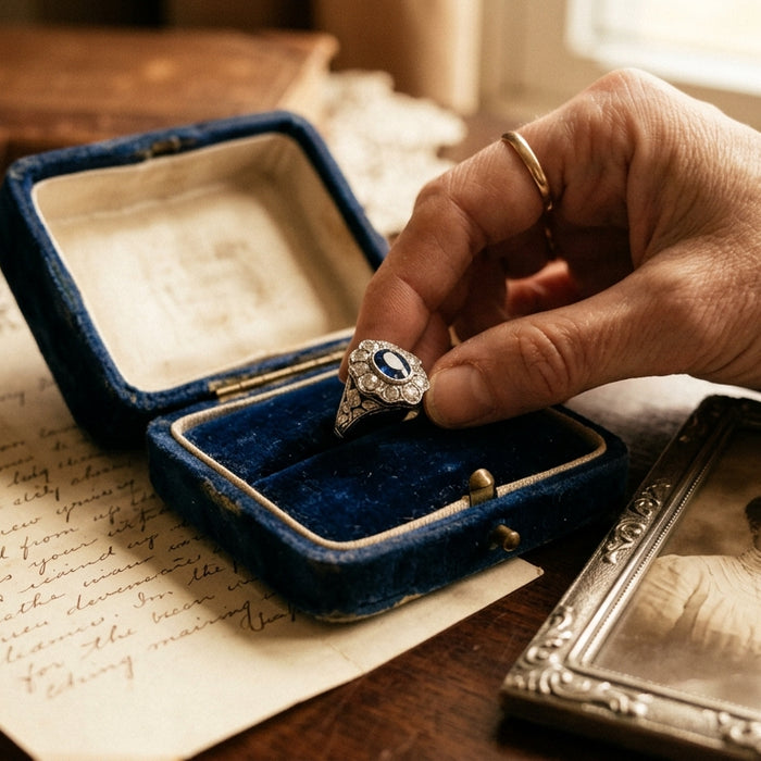 Antique gemstone ring placed in a velvet jewelry box alongside a family photograph — heirloom jewelry with Databazaar certified stones