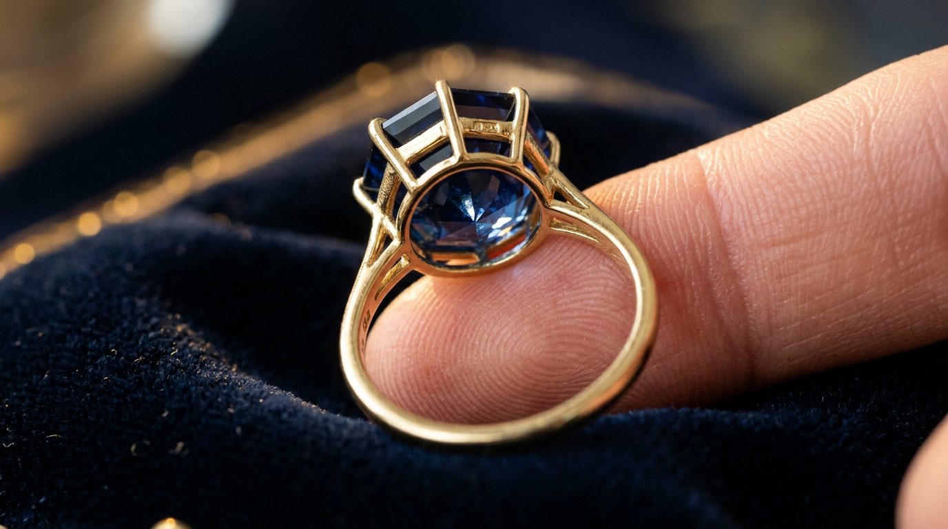Natural blue sapphire in open-back gold ring setting for Jyotish astrology — stone touching skin