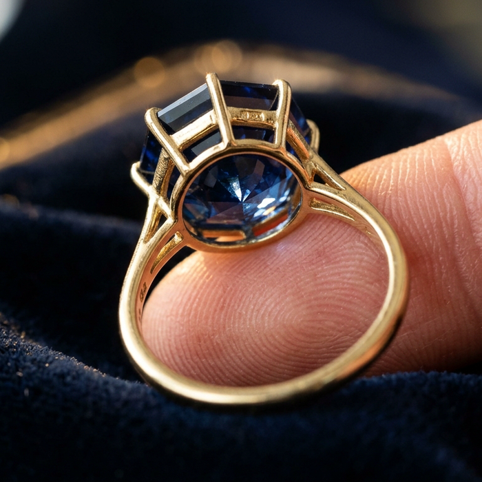 Natural blue sapphire in open-back gold ring setting for Jyotish astrology — stone touching skin