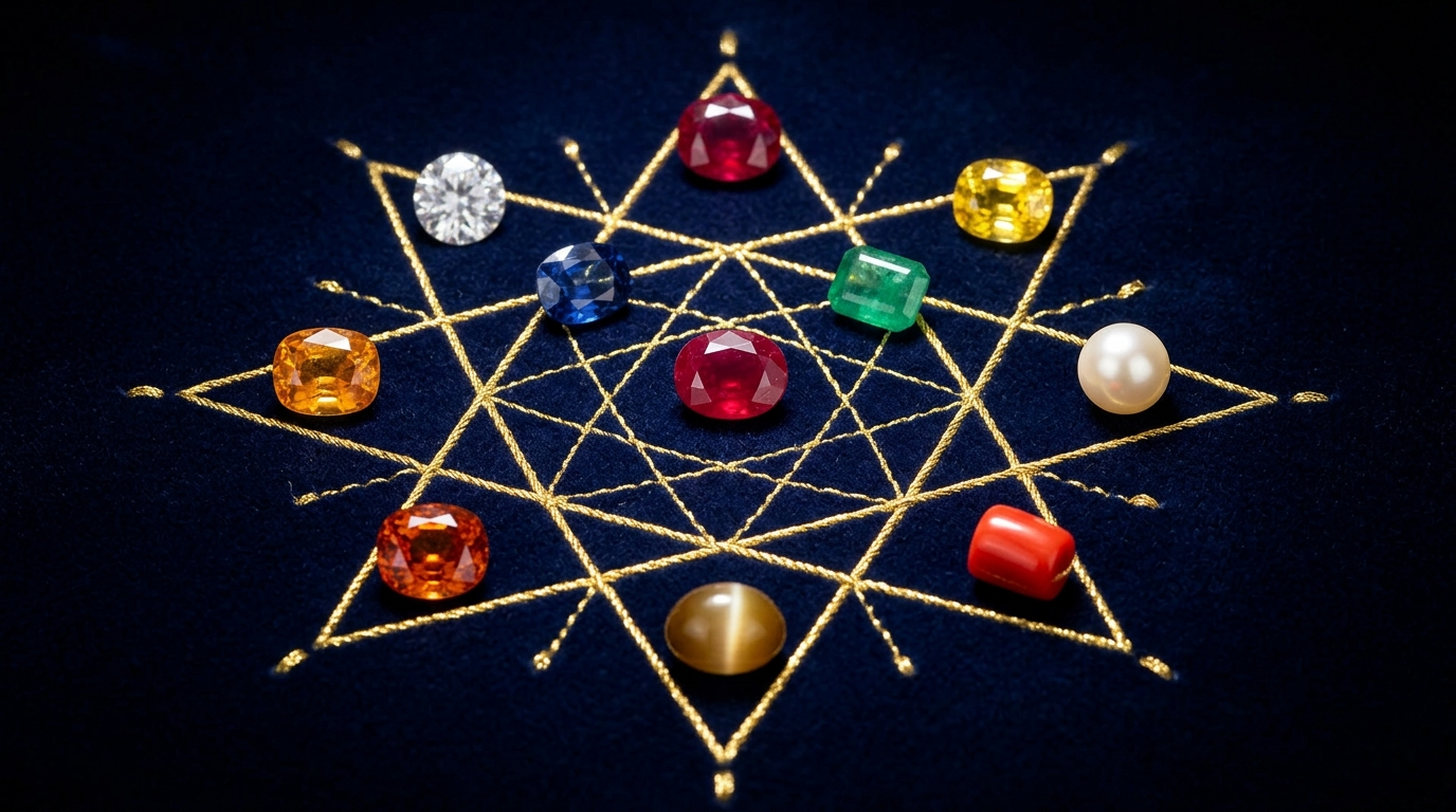 Nine certified natural astrological gemstones for Jyotish — ruby, blue sapphire, emerald, yellow sapphire and more