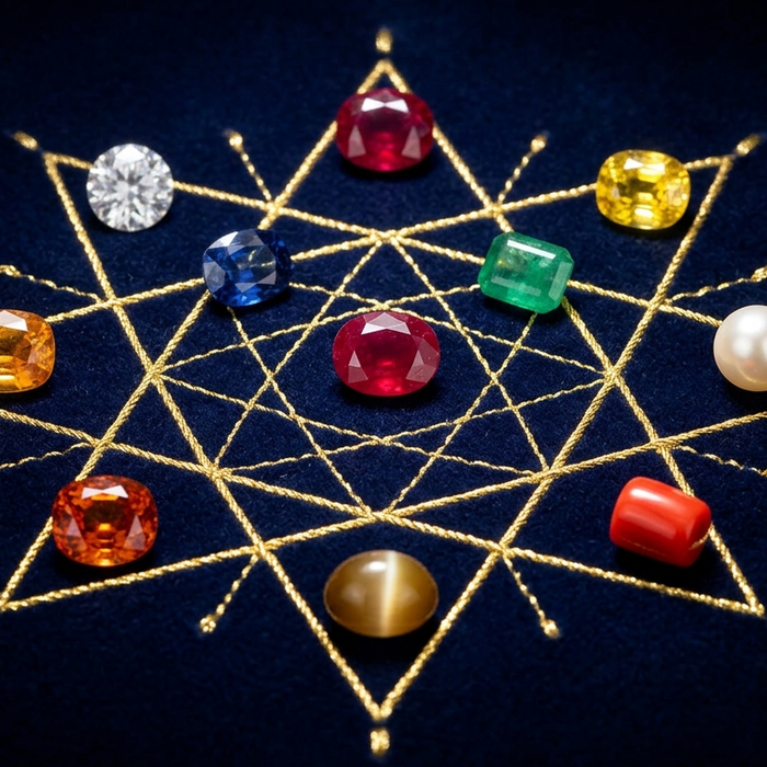 Nine certified natural astrological gemstones for Jyotish — ruby, blue sapphire, emerald, yellow sapphire and more