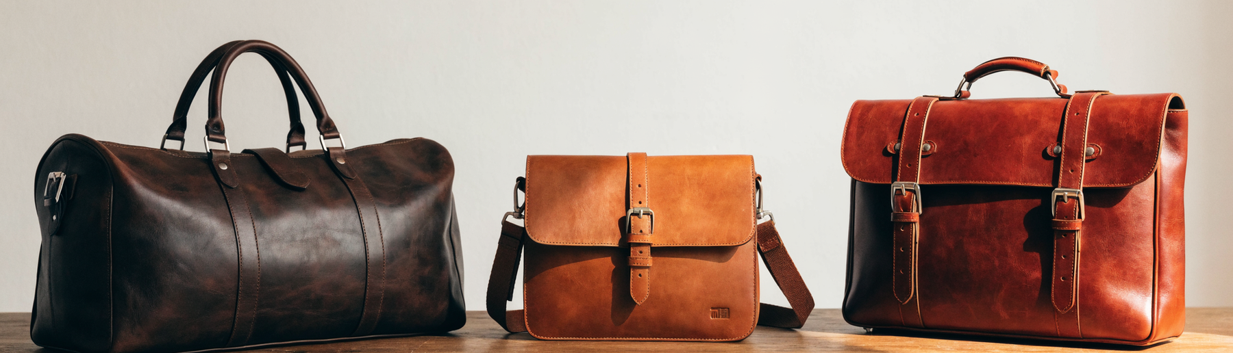 Tuscany Leather bags banner: duffle, crossbody, and briefcase