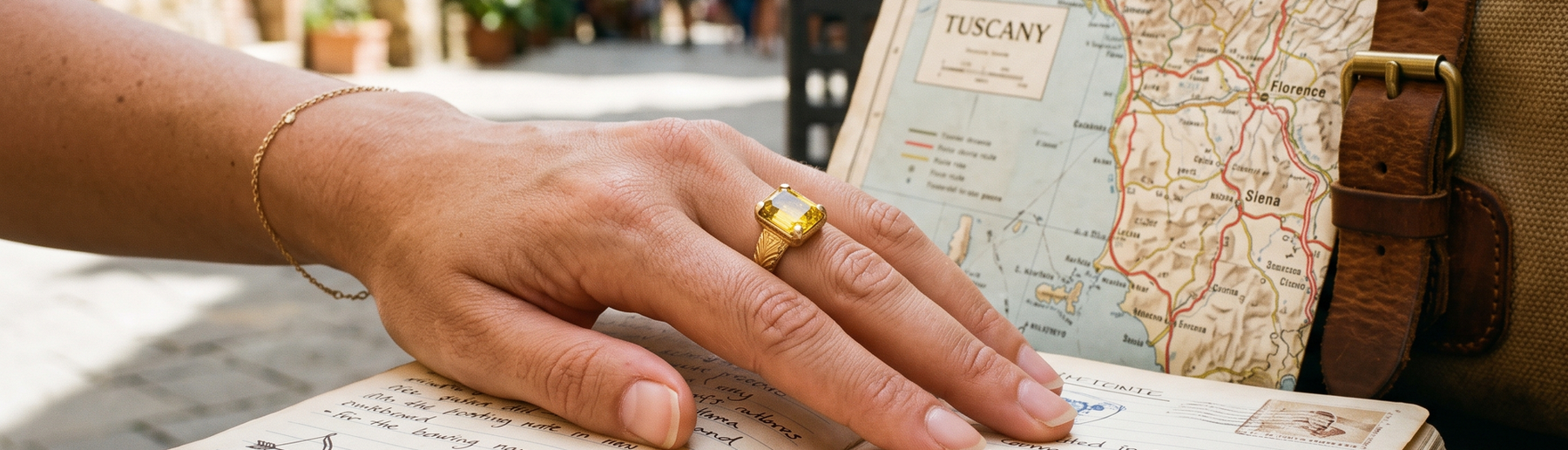 Hand wearing a yellow sapphire ring with a travel journal and map, editorial jewelry lifestyle photo