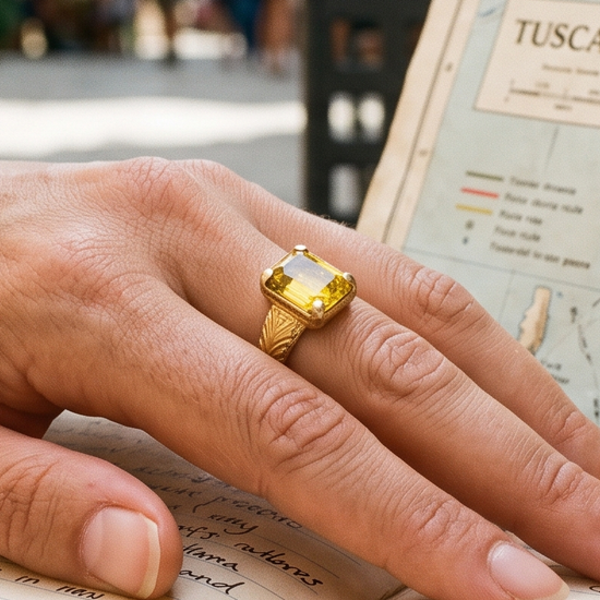 Hand wearing a yellow sapphire ring with a travel journal and map, editorial jewelry lifestyle photo