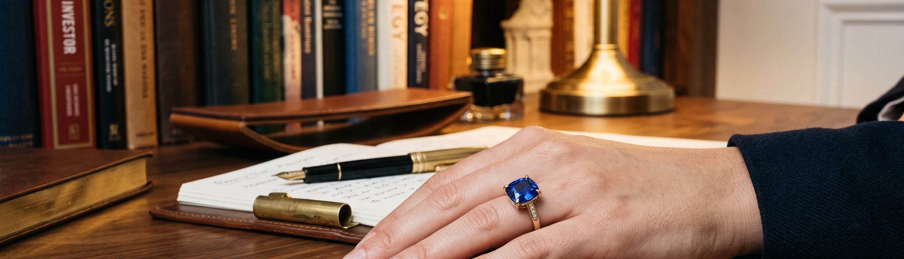 Hand wearing a blue sapphire ring on an office desk, editorial jewelry lifestyle photo