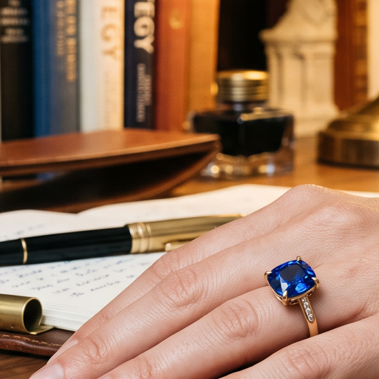 Hand wearing a blue sapphire ring on an office desk, editorial jewelry lifestyle photo