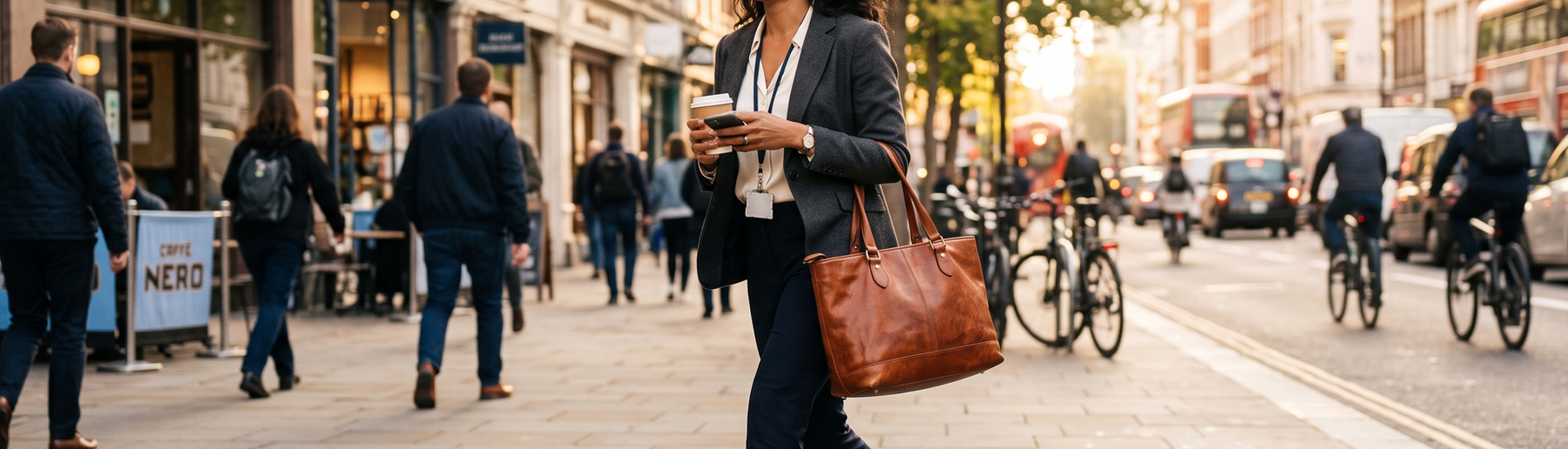 Professional woman carrying a brown Italian leather tote bag on a sunlit city street