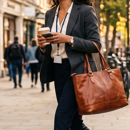 Professional woman carrying a brown Italian leather tote bag on a sunlit city street