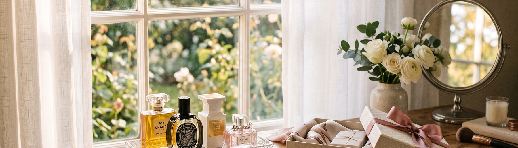 Vanity table with luxury perfume bottles and an open gift box in soft morning light