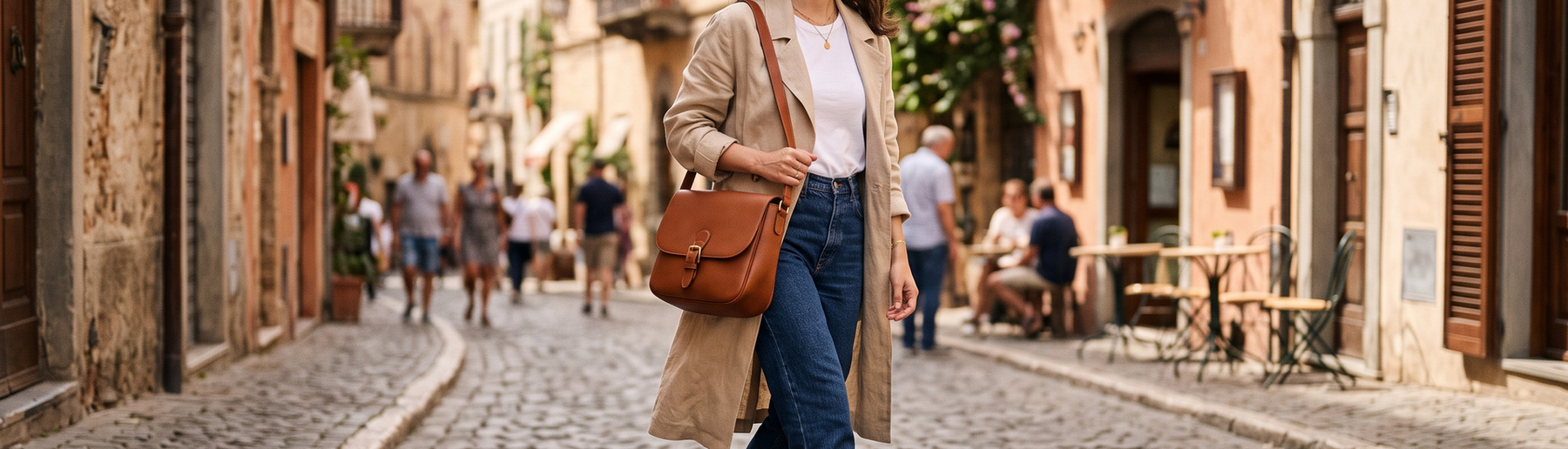 Woman walking on a cobblestone street carrying a brown Italian leather shoulder bag