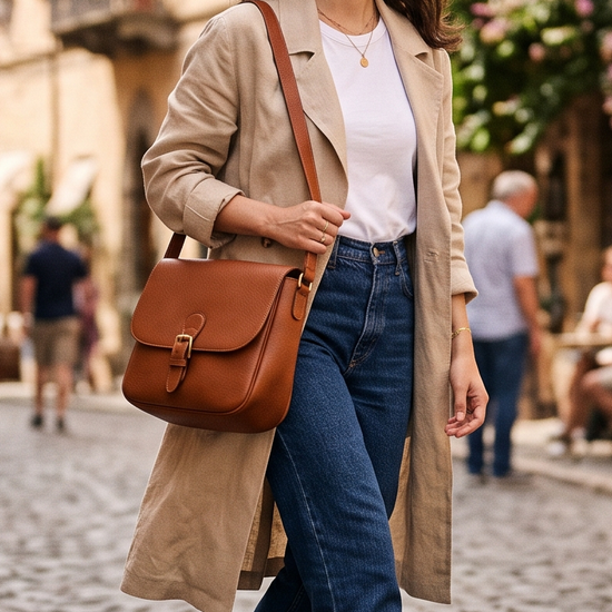 Woman walking on a cobblestone street carrying a brown Italian leather shoulder bag