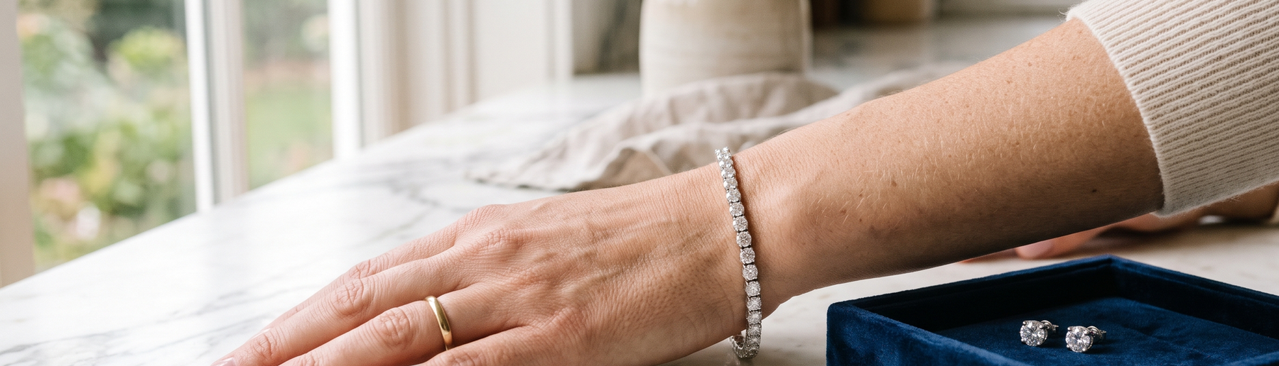 Woman's wrist wearing a lab-grown diamond tennis bracelet next to diamond stud earrings in natural light