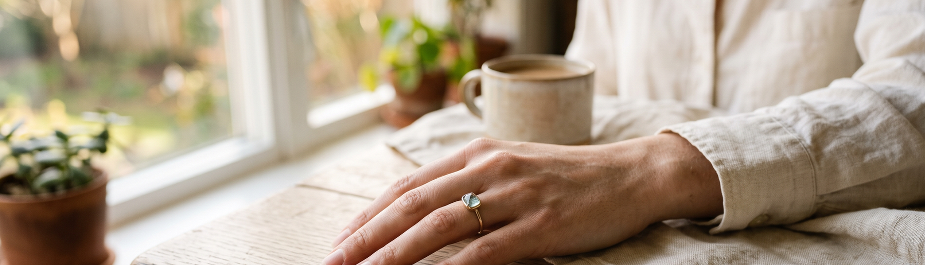 Woman's hand wearing an aquamarine gemstone ring in natural light