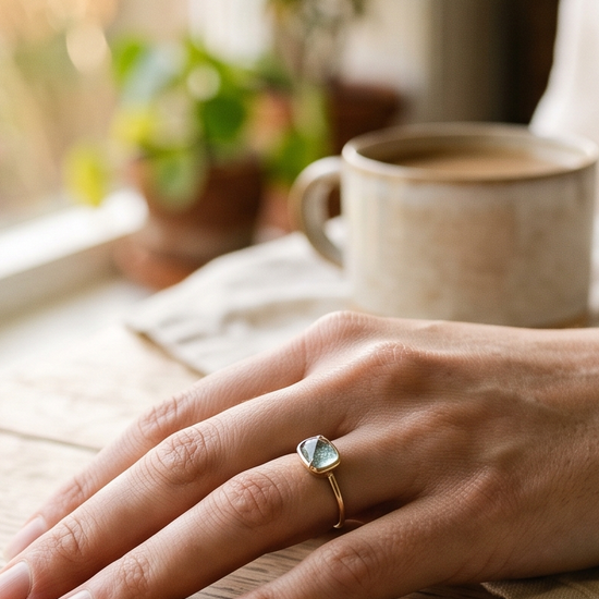 Woman's hand wearing an aquamarine gemstone ring in natural light