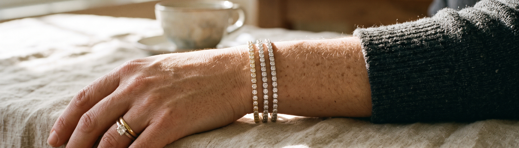 Woman's wrist wearing a stack of lab-grown diamond tennis bracelets in natural light