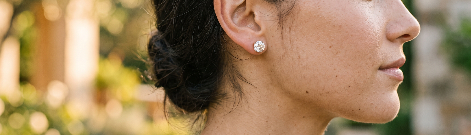 Woman's ear wearing lab-grown diamond stud earrings in natural light