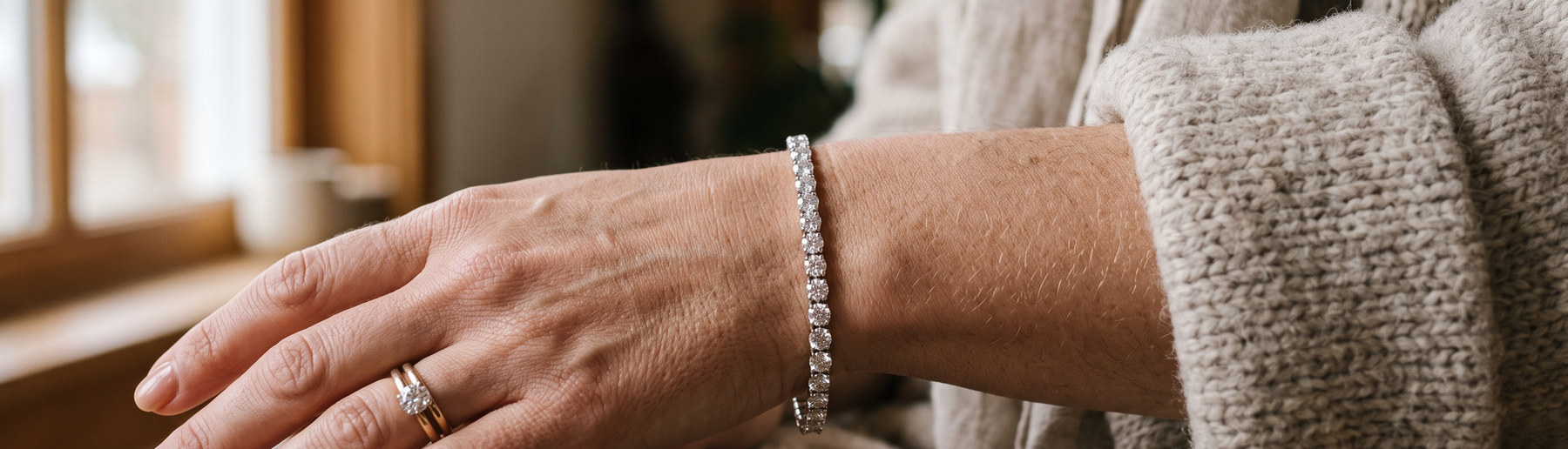 Woman's wrist wearing a lab-grown diamond tennis bracelet in natural light