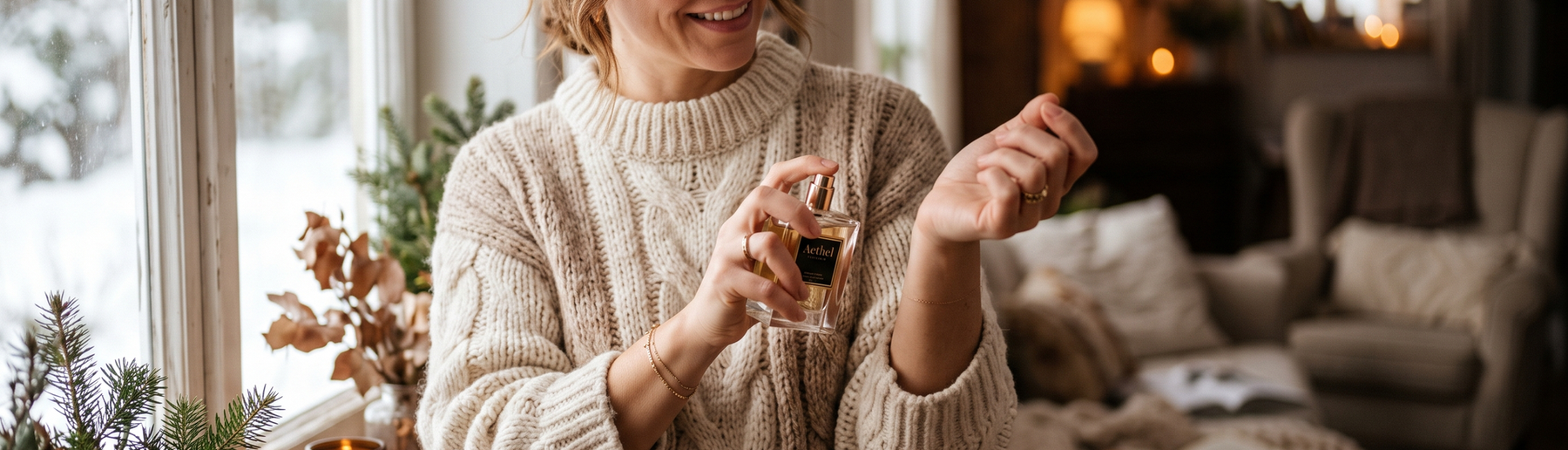 Person applying luxury winter fragrance near a window in cozy winter light