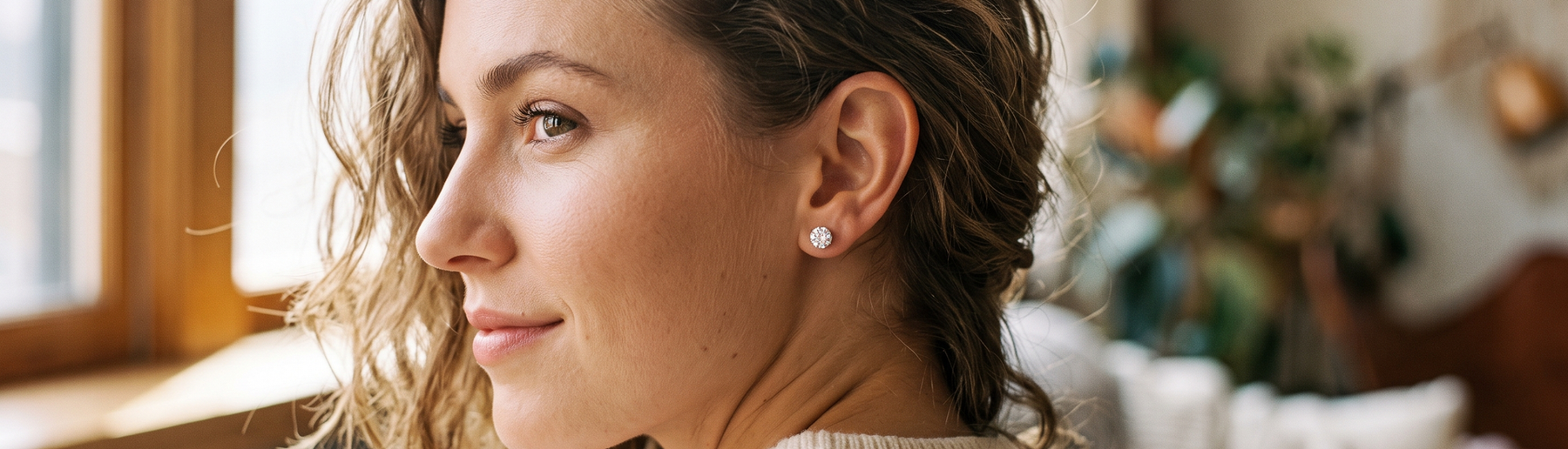 Woman turning her head to reveal a lab grown diamond stud earring
