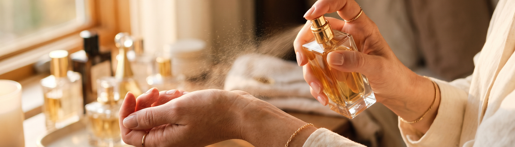Hand spraying luxury perfume onto a wrist in natural light