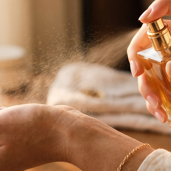 Hand spraying luxury perfume onto a wrist in natural light