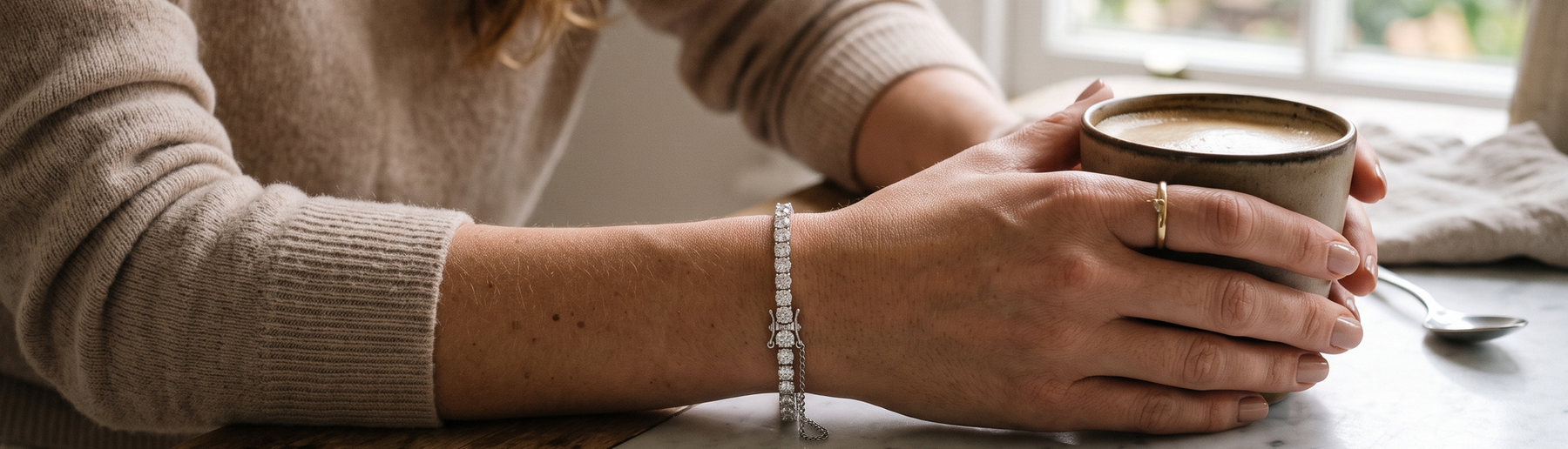 Woman wearing a lab-grown diamond tennis bracelet with a secure clasp, resting her wrist on a marble counter