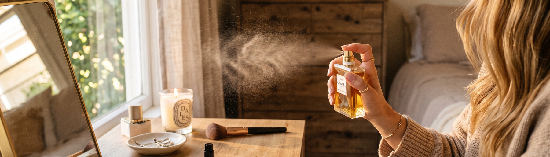 Hand spritzing designer perfume in a bedroom with a sample vial and tester strip on the vanity