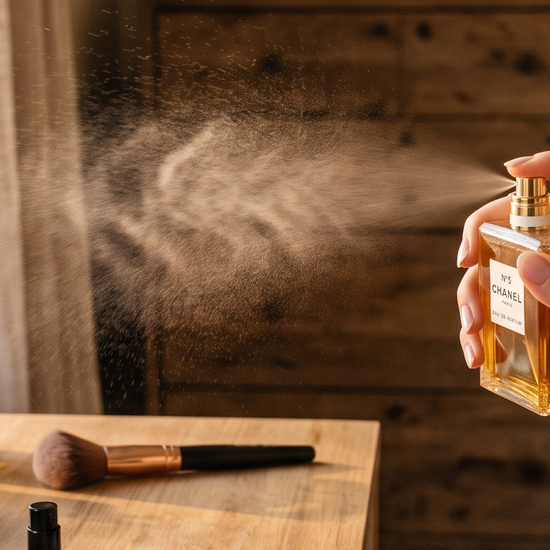 Hand spritzing designer perfume in a bedroom with a sample vial and tester strip on the vanity